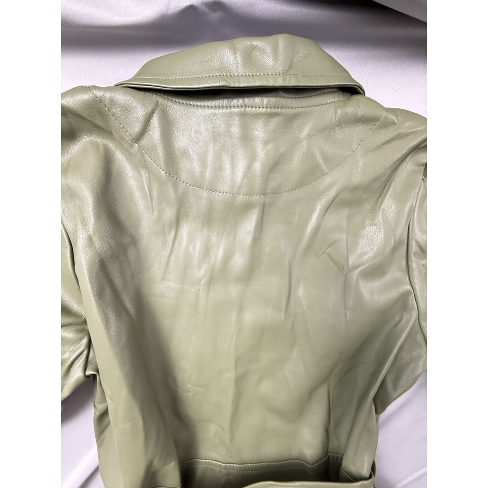 Ellison‎ Faux Leather Dress Sage Green Belted Puff Sleeve Quiet Luxury - Picture 7 of 16